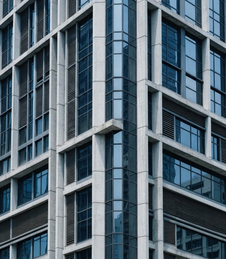 A close-up of architectural concrete and glass lines of Two Exchange Square in Hong Kong, bright natural daylight, cool slate tones, sharp focus, 35mm