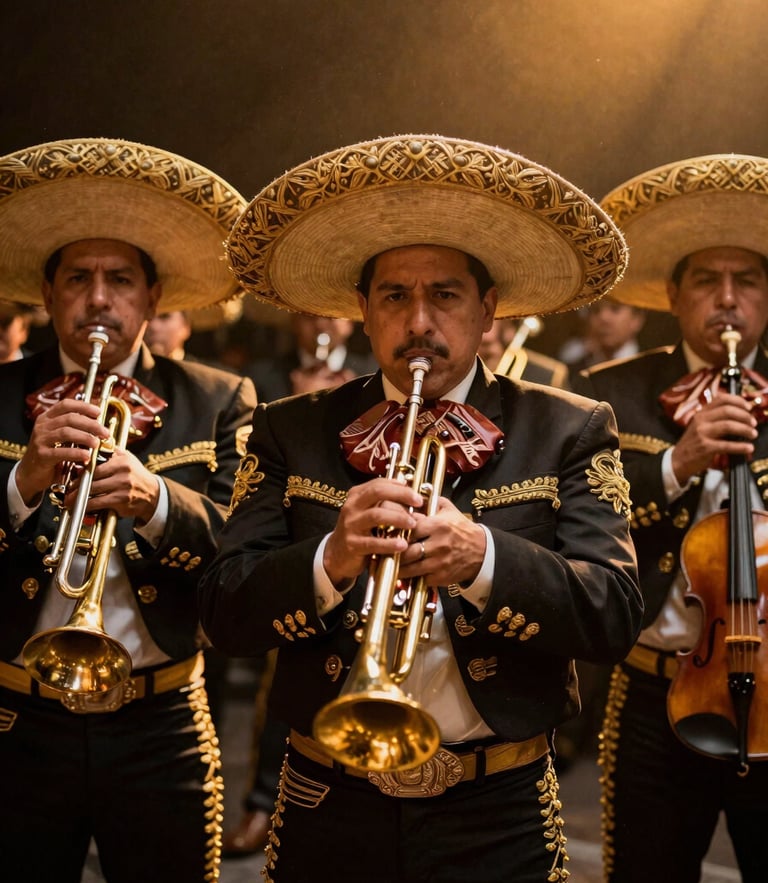 Medium shot of a premium Mexican mariachi ensemble in black and gold charro suits, holding shiny trumpets and violins under warm golden spotlight, rich dark background, high contrast editorial photography, 35mm