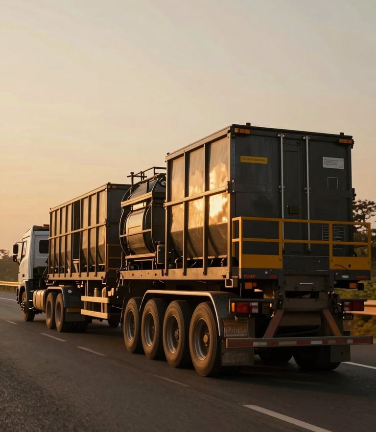 Low-angle cinematic shot of a massive multi-axle trailer carrying industrial equipment on an Indian highway at golden hour, deep amber tones, 35mm