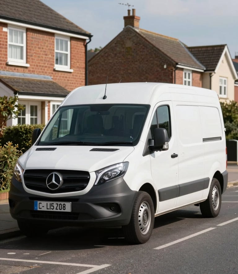 A clean, unmarked white service vehicle parked quietly on a suburban UK residential street during bright daylight, showcasing discreet professional response.