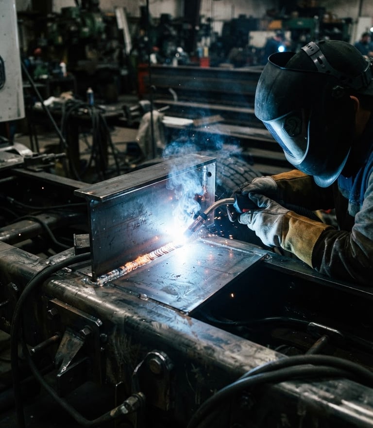 Dramatic welding arc light reflecting off a heavy-duty truck chassis, sharp focus on a clean structural weld bead, gritty industrial photography style, 35mm.