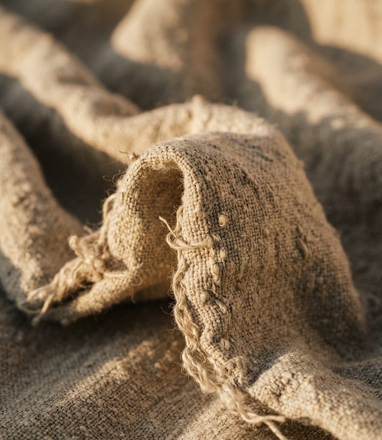 Extreme close-up of heavy-weight unrefined linen fabric folds, warm low-angle afternoon sunlight casting soft shadows, tactile macro fiber texture.