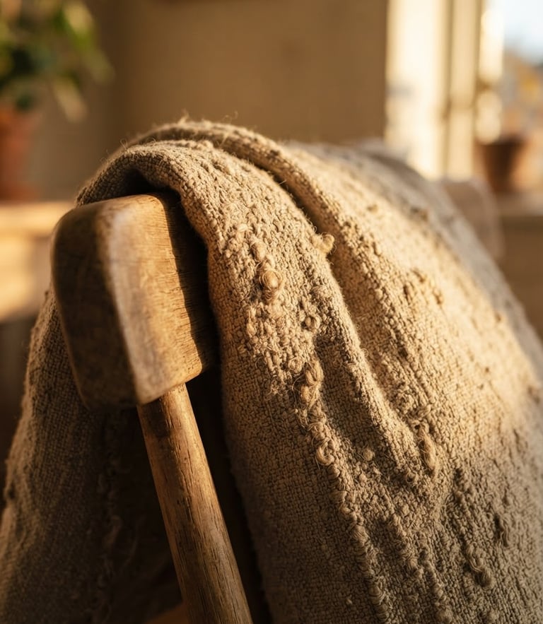 Extreme close-up of heavy-weight unrefined linen pillow cover draped over a minimalist wooden chair, warm low-angle afternoon sunlight casting long shadows.