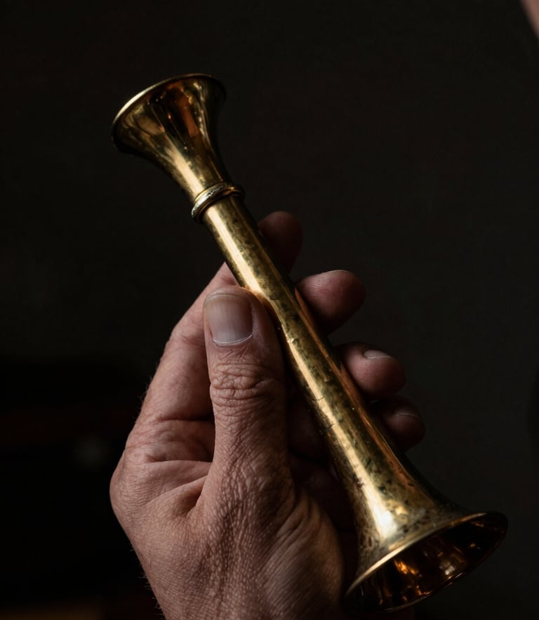 Extreme close-up of a master craftsman hands holding a brass wind instrument mouthpiece, dramatic chiaroscuro lighting, rich metallic textures, dark moody studio background