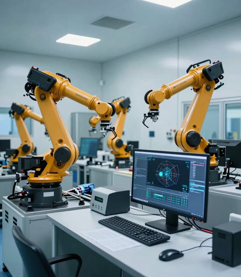 Wide-angle clean-room engineering bay inside an automotive facility, robotic arms in the background, a modern workstation with CAD schematics on screen, cool blue lighting.