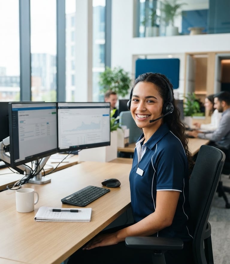 A professional customer support representative in a bright, modern office with natural daylight, smiling, wearing a headset, clean blue and white tones