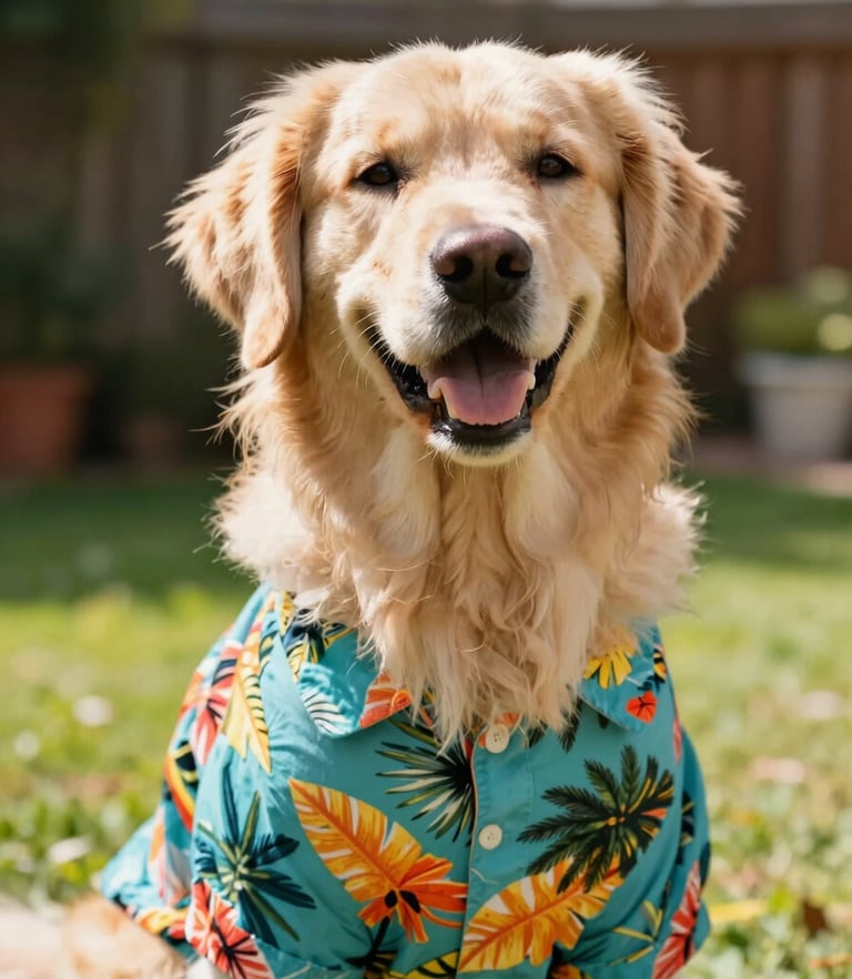 Eye-level shot of a happy golden retriever wearing a colorful tropical shirt in a sun-drenched backyard, bright natural daylight, 35mm photography.