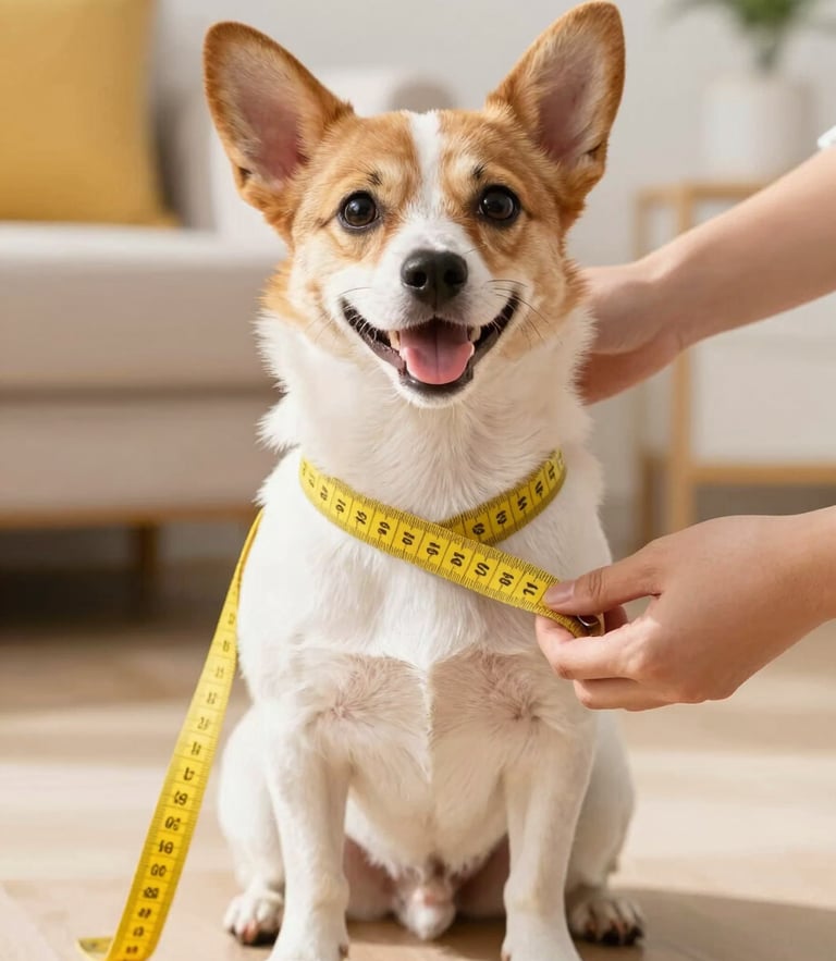 A happy small dog sitting patiently while a person gently uses a soft yellow measuring tape around its chest, bright warm natural daylight, cozy home background