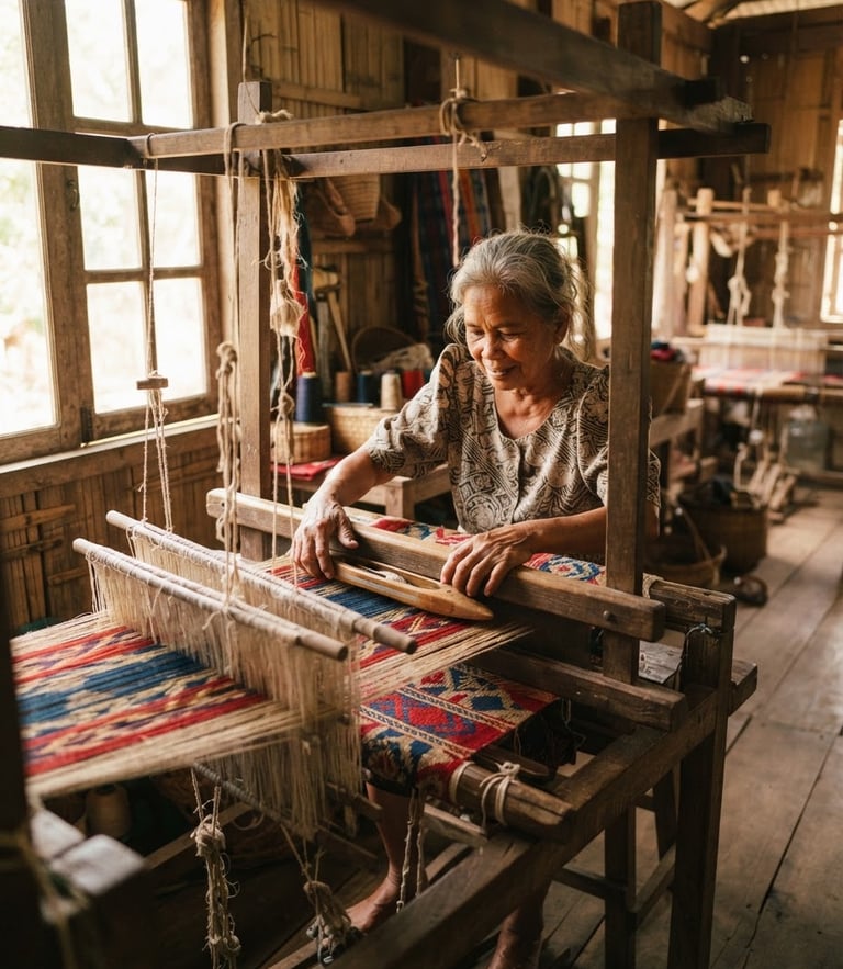 A local weaver in the Philippines working on a traditional handloom, warm natural sunlight streaming through a window, rich textures, 35mm documentary photography.