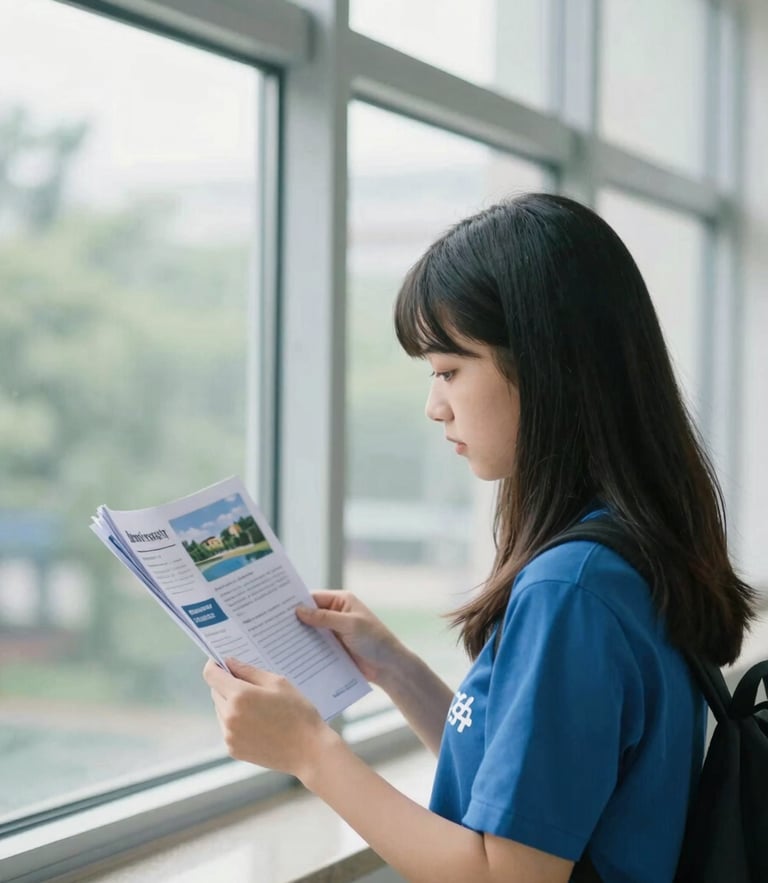 Bright editorial photography of a student looking at university brochures near a large window, natural daylight, soft teal tones, shallow depth of field, 35mm