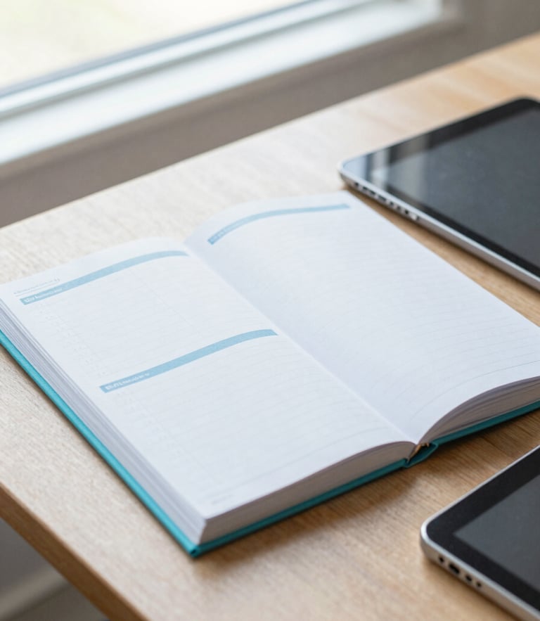 A close-up of an academic planning notebook and digital tablet on a wooden desk near a bright window, soft daylight, teal accents, 35mm photography