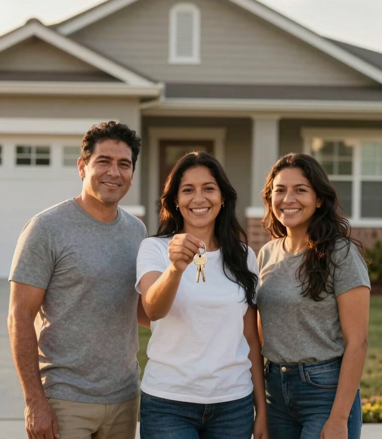 Medium portrait shot of a Hispanic family of three standing proudly in front of their new modest suburban home, warm golden hour sunlight casting a soft glow, holding a set of keys, genuine joyful expressions.
