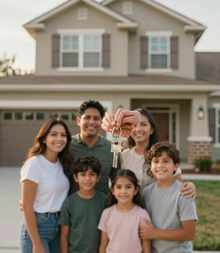 Warm natural light on a smiling Hispanic family holding house keys in front of their new modest suburban home, emotional and authentic moment, medium framing.