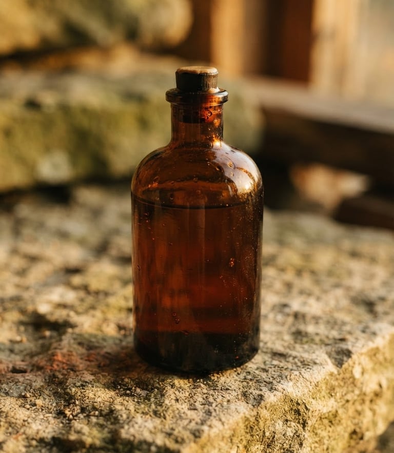 Macro close-up of a dark amber glass bottle of AUREON on a raw stone surface, warm golden-hour side light, soft shadows, editorial photography, 35mm