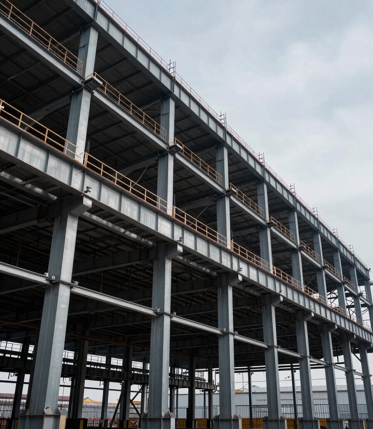 Dramatic industrial photography of a massive steel warehouse structure under construction, cool steel tones, natural overcast daylight pouring through structural trusses, wide-angle lens.