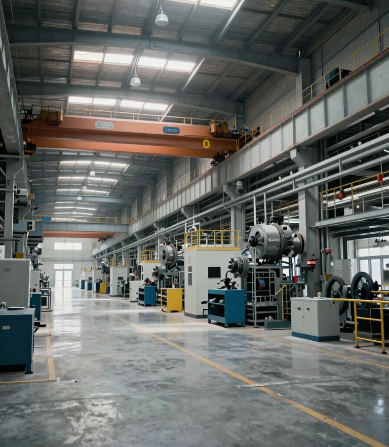 Interior of a modern heavy manufacturing plant, clean concrete floor, overhead cranes, high-contrast cool overcast daylight filtering through industrial skylights, technical perspective showing scale.
