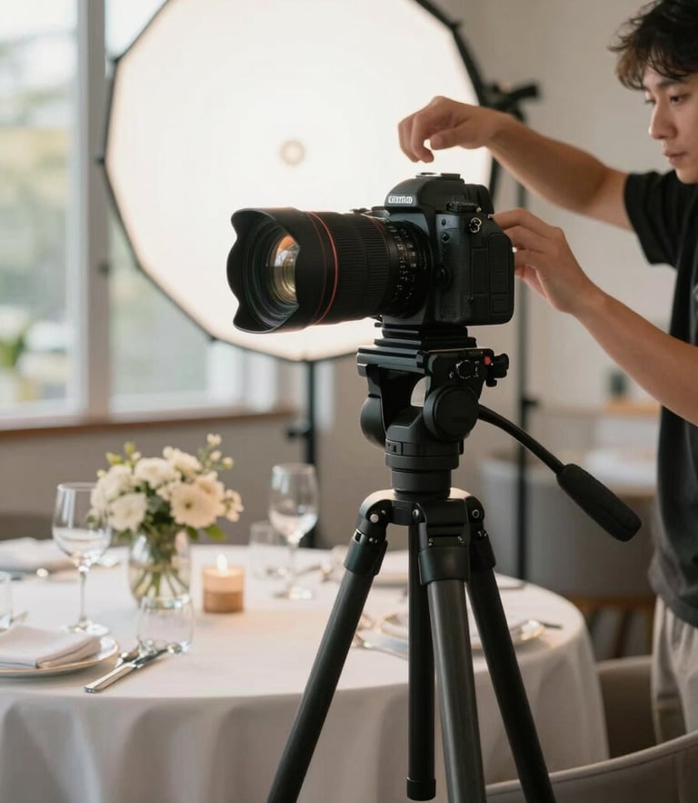 A professional camera on a tripod positioned over a beautifully styled table in a restaurant, a photographer adjusting a reflector, soft morning light.