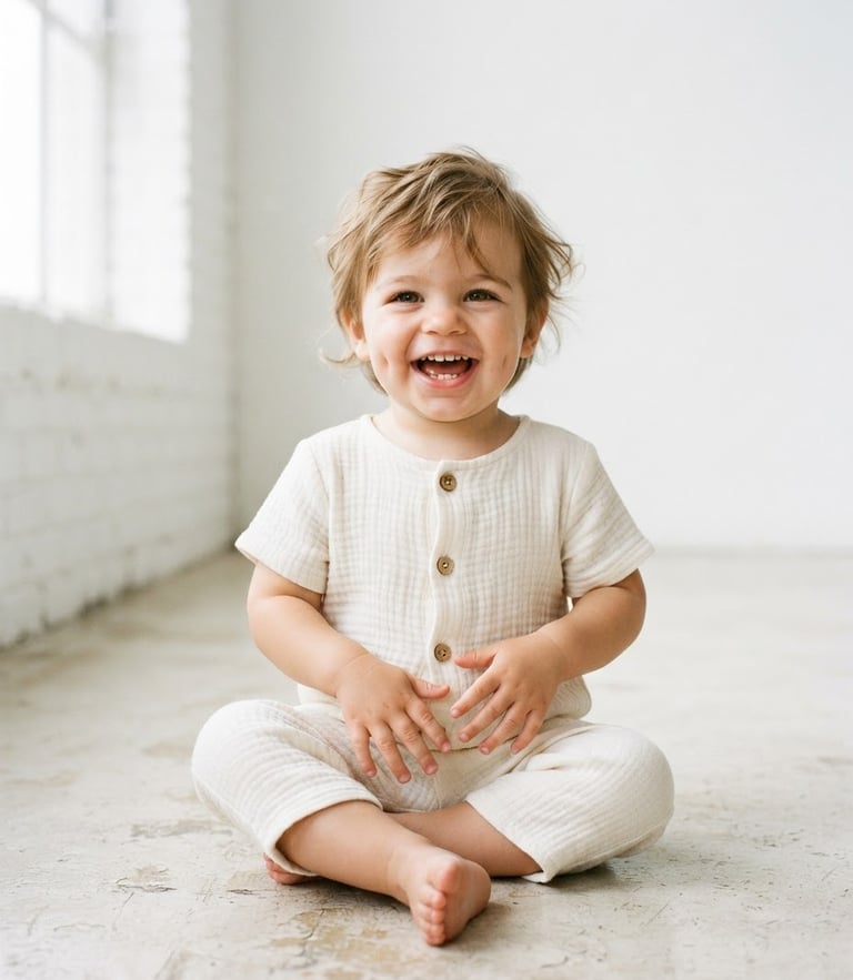 Bright high-key studio portrait of a toddler wearing a clean cream-colored organic cotton romper, soft natural lighting, minimalist setting.