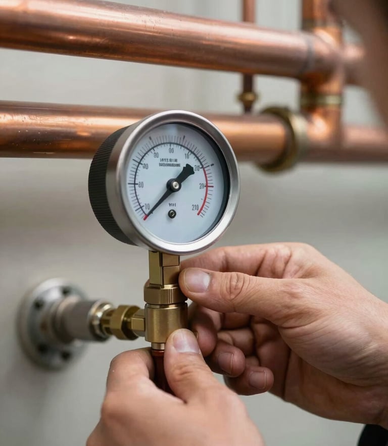 Close-up of a technician's hand adjusting a digital manifold gauge connected to clean copper HVAC lines, crisp daylight, high technical precision.