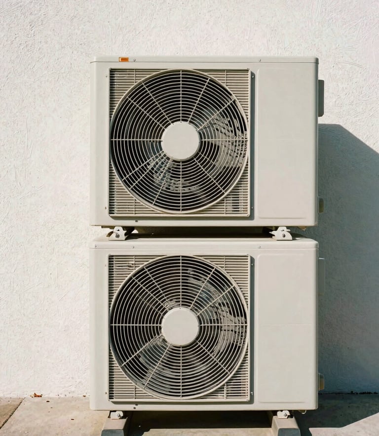 Symmetrical portrait framing of a perfectly leveled outdoor condenser unit against a clean stucco wall, bright natural Florida daylight, crisp shadows.