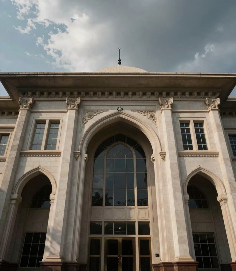 Low-angle architectural photograph of the High Court of Telangana in Hyderabad, dramatic overcast daylight filtering through large windows, symmetrical composition, majestic judicial arches, high-contrast side lighting, no people.