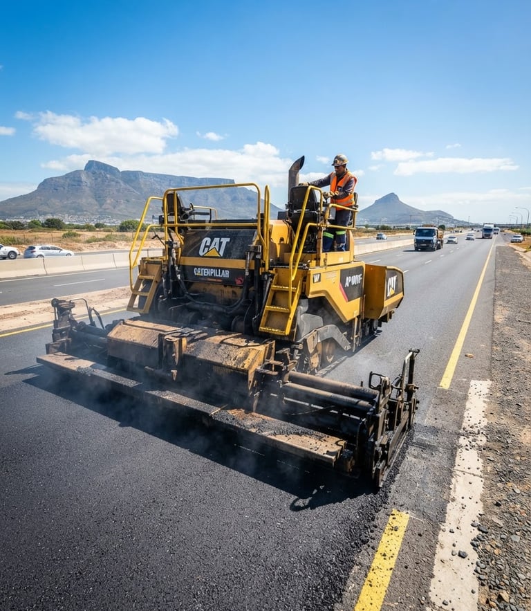 Low-angle heroic shot of a heavy asphalt paving machine laying hot-mix asphalt on a wide highway under bright South African daylight, sharp shadows, safety yellow accents