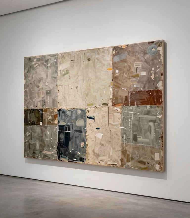 A wide-angle shot of a large mixed-media canvas hung on a stark white gallery wall, natural side-lighting casting subtle shadows of the textured surface, minimalist architectural space.