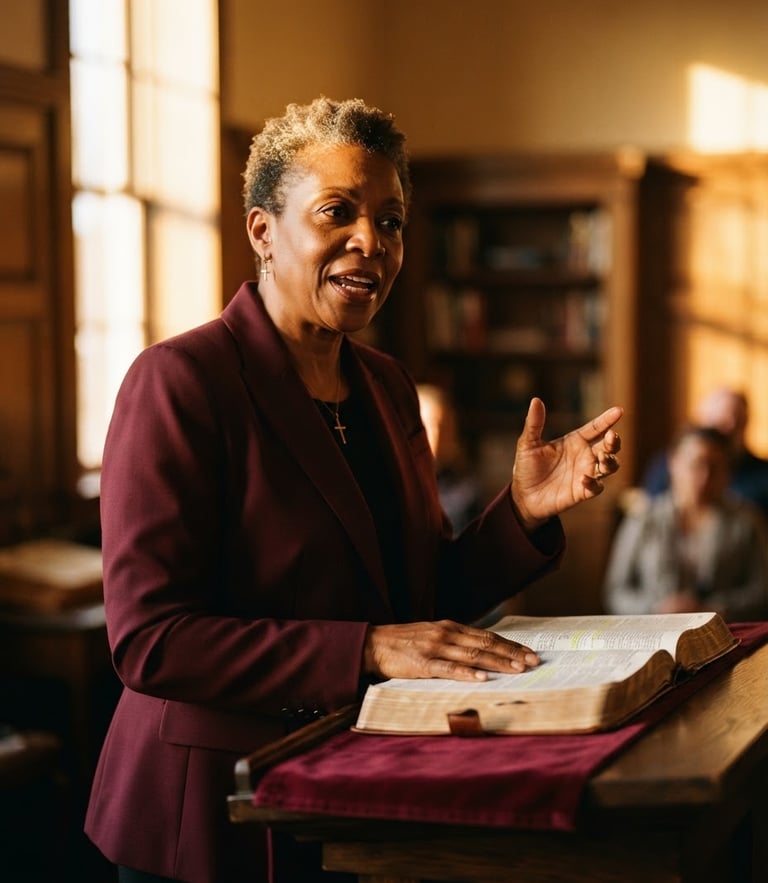 Apostle Sarah Ingram-White teaching from an open leather-bound Bible, warm dramatic side-lighting, golden-hour window glow, rich burgundy tones, 35mm