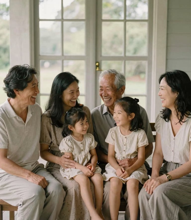 Warm editorial photograph of a multi-generational family sitting together on a sunlit porch, laughing quietly, soft natural window light, muted earth tones, 35mm