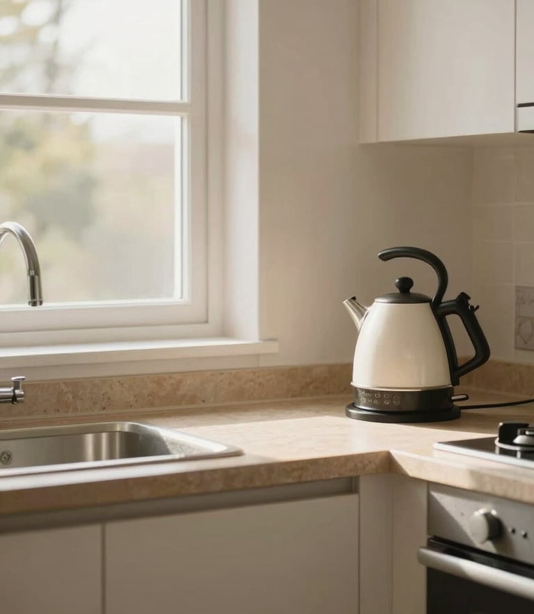 A bright, clean HMO communal kitchen with soft morning sun streaming through a window, warm stone countertops, and a modern kettle on the side, 35mm lens