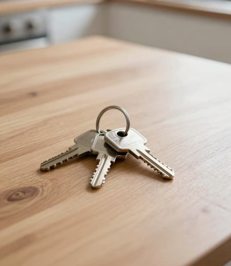 A close-up of a set of keys resting on a clean wooden kitchen table, soft morning daylight, warm and inviting atmosphere, 35mm lens