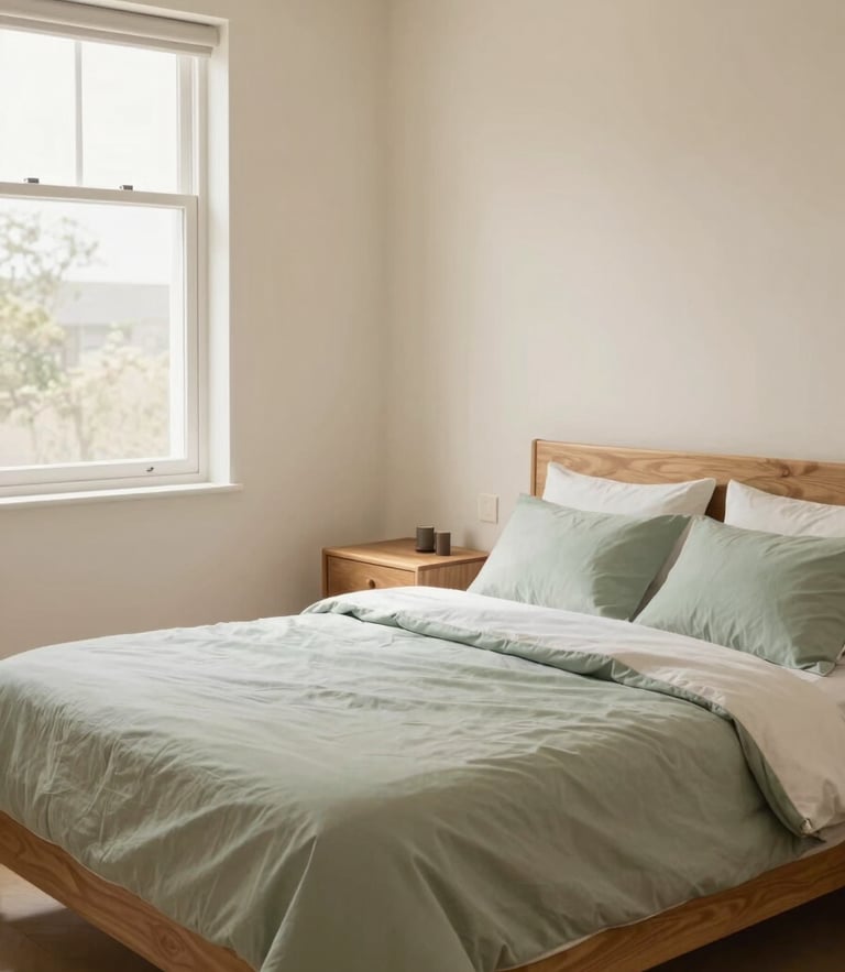 Warm editorial photography of a bright, daylight-filled modern bedroom with cream walls, a neatly made double bed with soft green linens, and a wooden bedside table, 35mm lens.