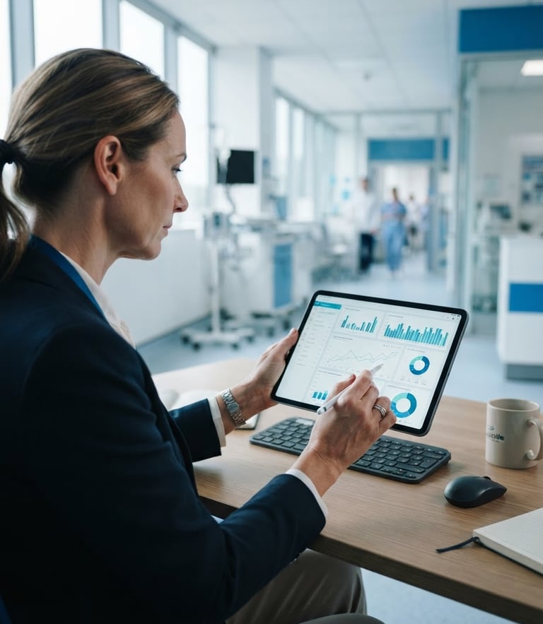 Over-the-shoulder shot of a healthcare sales director analyzing clean data dashboards on a tablet in a bright clinical office, cool blue tones, shallow depth of field