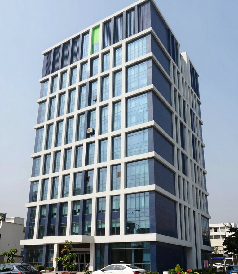 A professional corporate office building in Ranchi, bright natural daylight, clean navy and green accents, sharp focus, editorial 35mm style