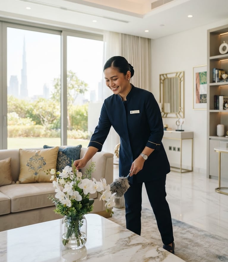 bright editorial photography of a modern clean UAE home interior, a professional domestic assistant in a neat uniform smiling gently, soft natural daylight, 35mm