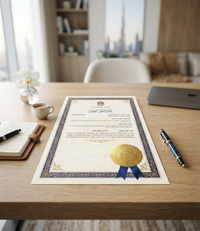 Official commercial license document with gold seal of UAE Ministry of Human Resources, clean corporate desk setting, professional lighting, 35mm