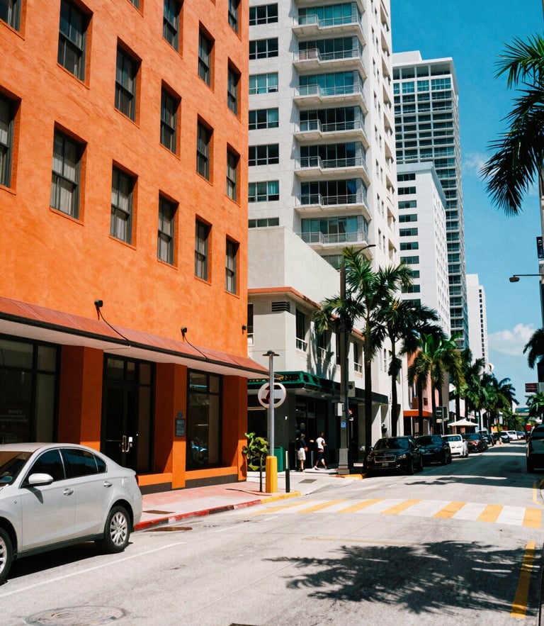 High-contrast urban Miami streetscape at high noon, sharp graphic shadows, vibrant orange and electric blue accents, 35mm editorial photography.