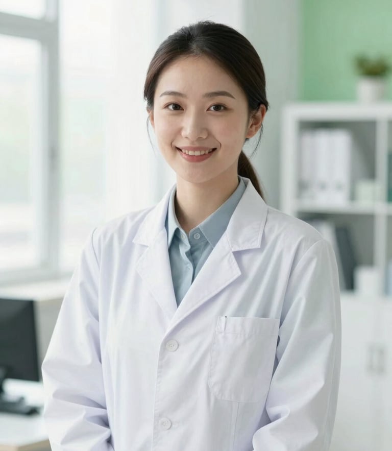 Approachable dietitian in a bright sunlit office, smiling professional portrait, clean white environment, soft green accents, shallow depth of field