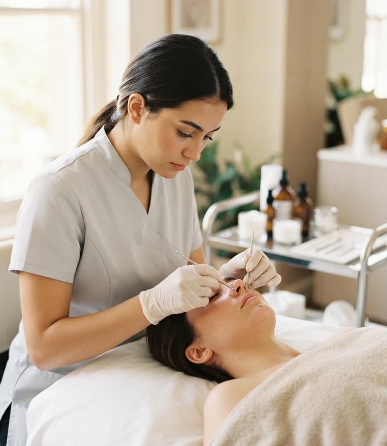 Bright editorial photography of a student performing a facial treatment, soft natural window light, warm neutral tones, crisp focus