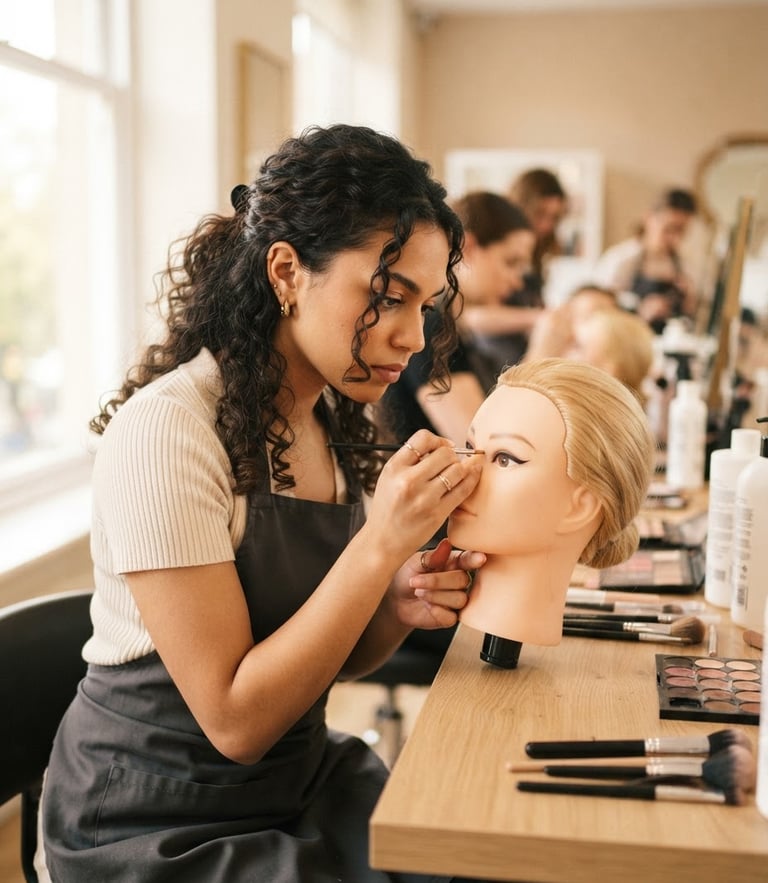 Bright editorial portrait of a beauty student focused on technical work, soft natural window light, warm neutral tones, crisp focus