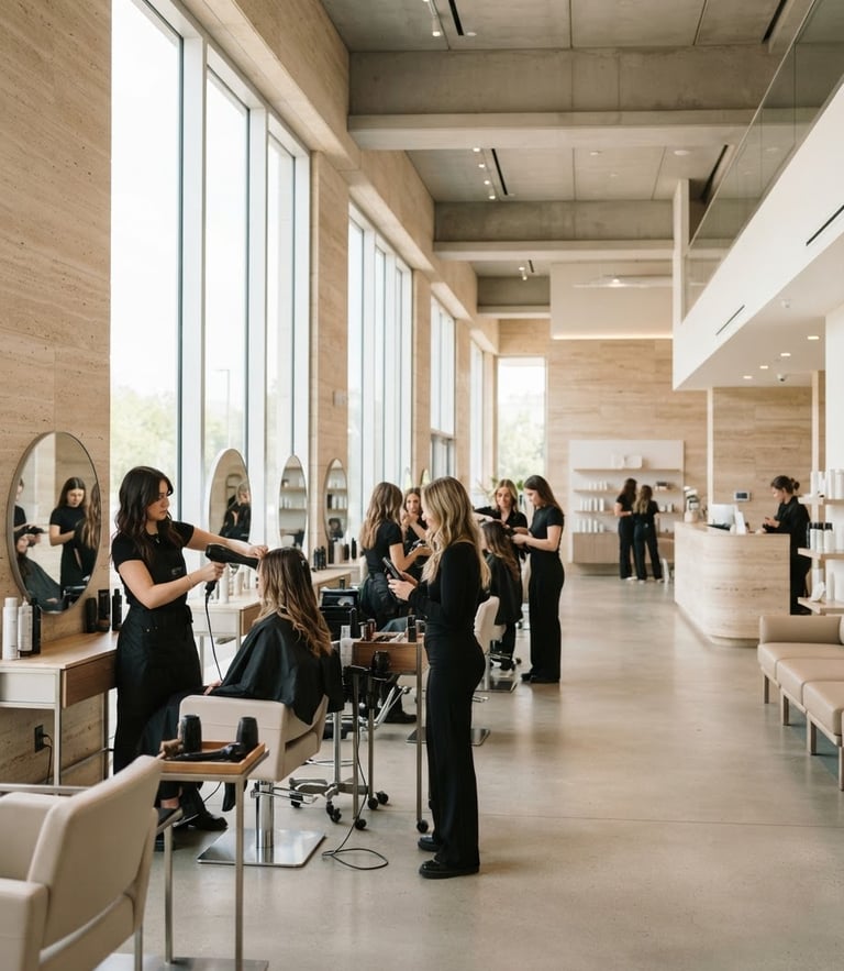 Wide environmental shot of a clean, architectural beauty academy interior with warm travertine walls, bright natural window light, and minimalist salon stations.
