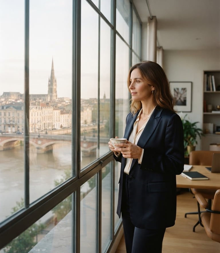 Elegant professional woman in a modern office in Bordeaux, looking thoughtfully through a window, soft natural light, editorial 35mm photography