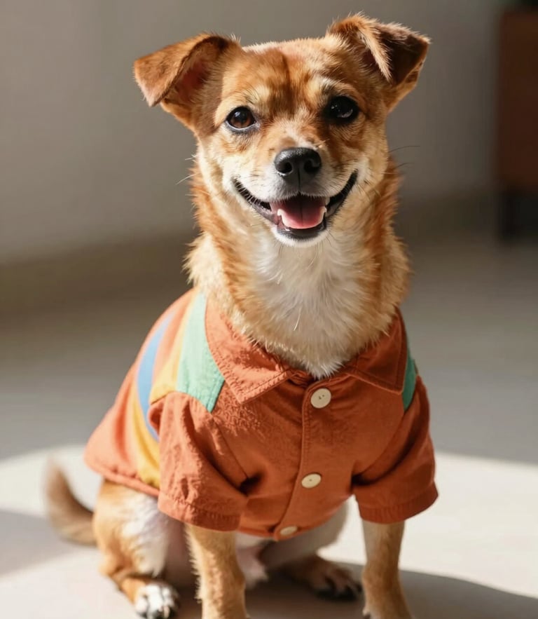 A happy small dog wearing a colorful handmade terracotta shirt, sitting comfortably indoors with warm daylight, eye-level shot, 35mm