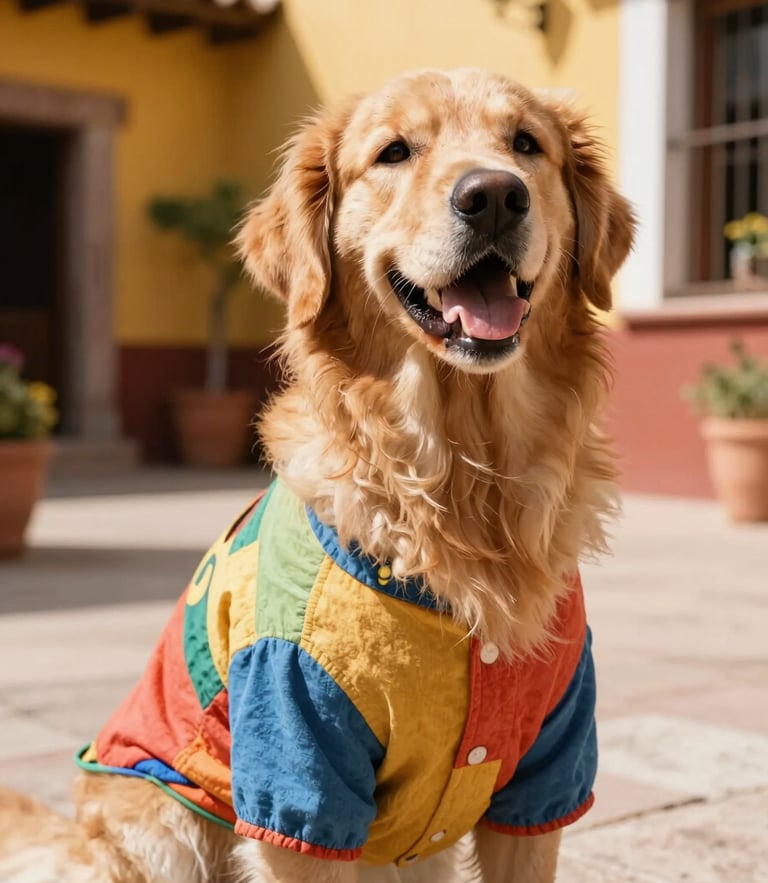 An eye-level shot of a happy golden retriever wearing a colorful handmade cotton shirt, sitting in a sunlit Mexican patio, vibrant warm daylight, 35mm