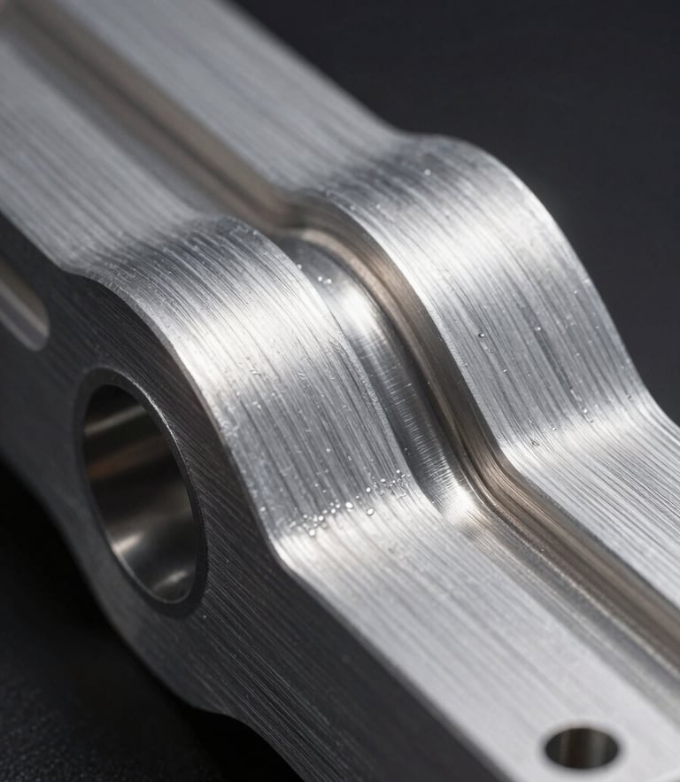 Macro close-up of a precision CNC milled aluminum enclosure, sharp studio spotlighting emphasizing metallic textures and physical form, high-contrast industrial style