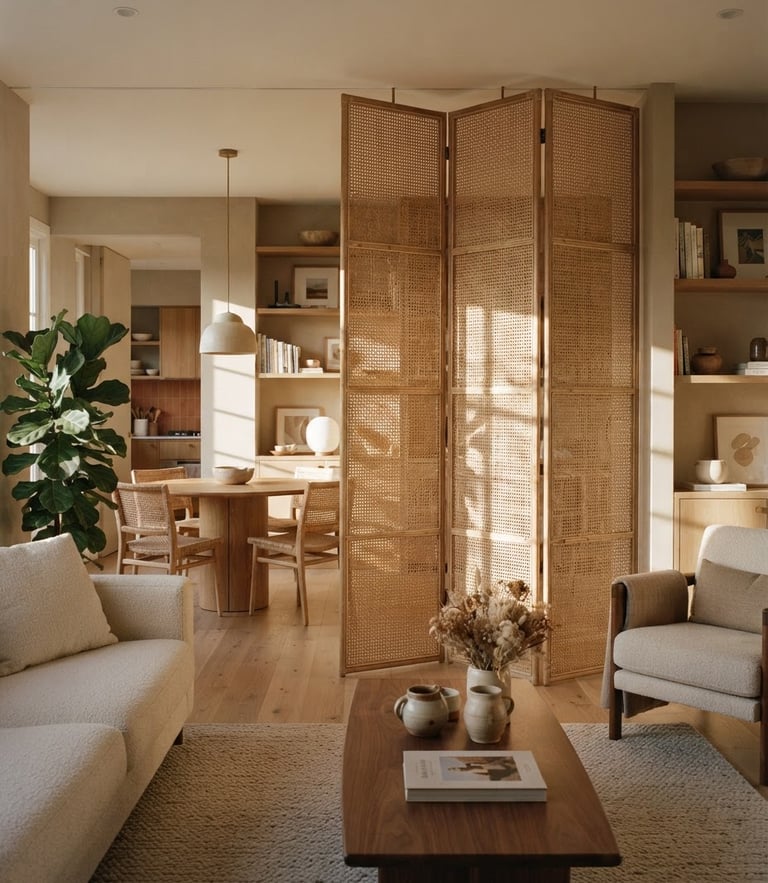 A beautifully zoned modern apartment at golden hour, soft directional afternoon sunlight casting subtle shadows through a structural rattan folding screen, medium format film style.