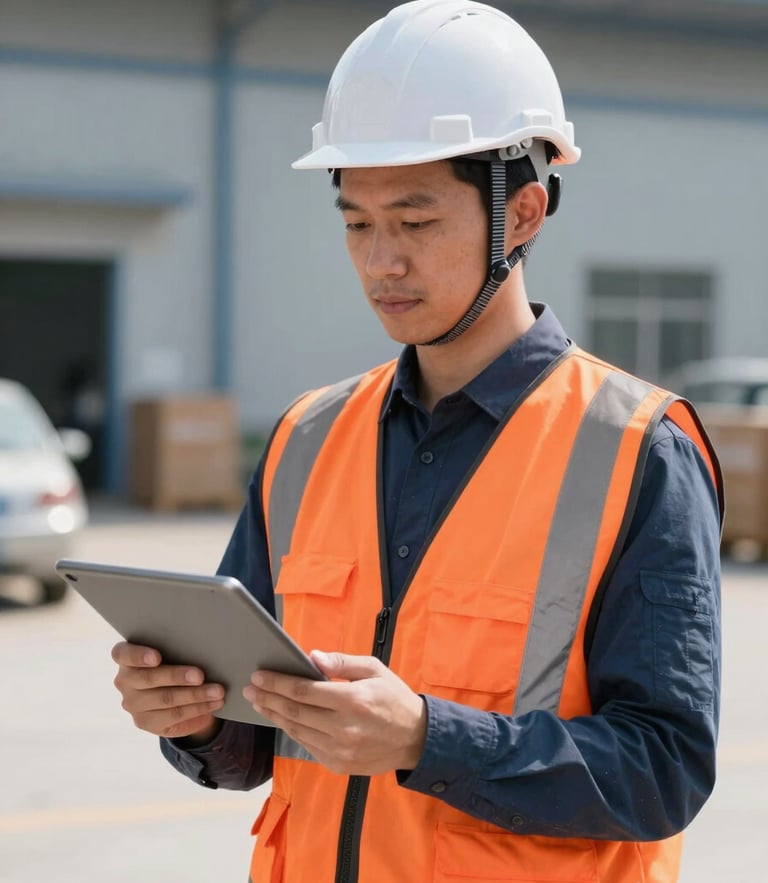 Professional risk prevention specialist in a clean industrial warehouse, wearing a white hard hat and high-visibility safety orange vest, holding a digital tablet, natural daylight, sharp focus
