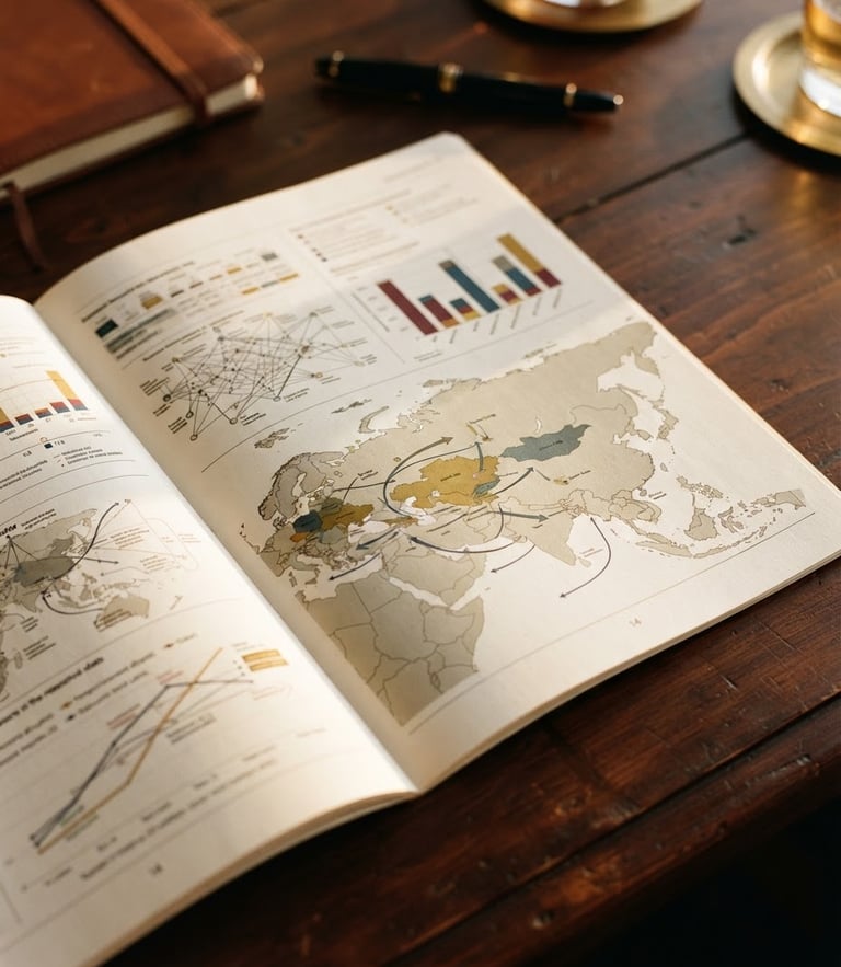 A close-up of a high-level diplomatic briefing document on a dark wooden table, warm golden-hour light streaming across the pages, highlighting rigorous analytical charts and maps, shallow depth of field, 35mm film.