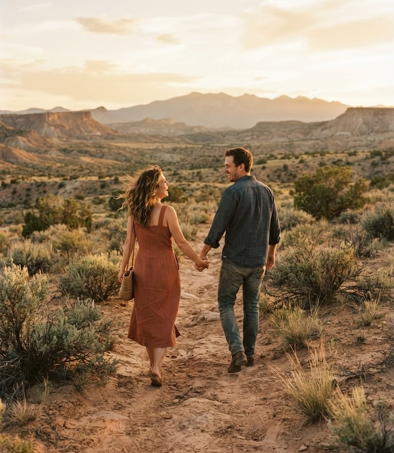 Candid environmental portrait of a couple holding hands in a vast New Mexico desert at golden hour, warm terracotta light, sagebrush in the background, 35mm photography