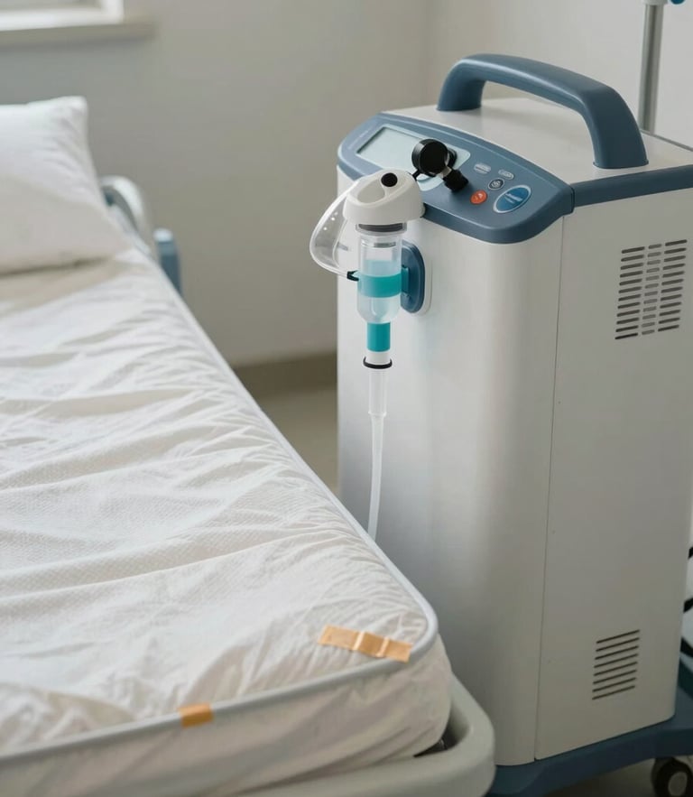 Pristine clinical-grade oxygen concentrator and low-air-loss mattress prepped in a bright, clean, neutral daylight staging area, sanitized seals visible.